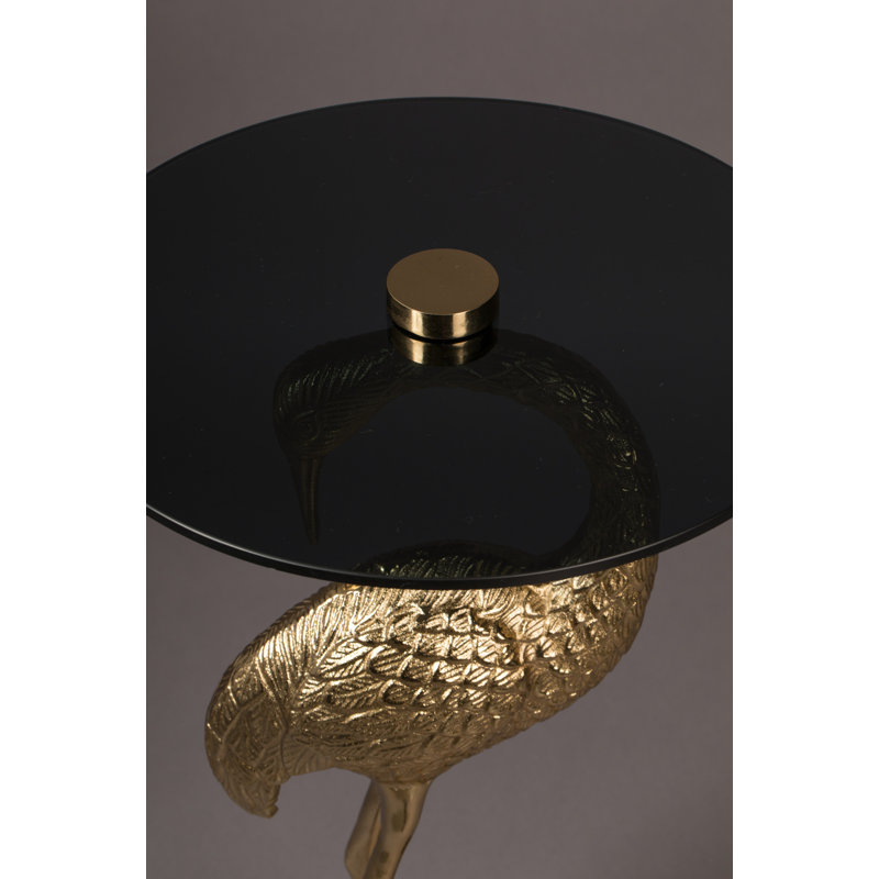 Gold Cast Aluminum Crane Base End Table with Glass Top