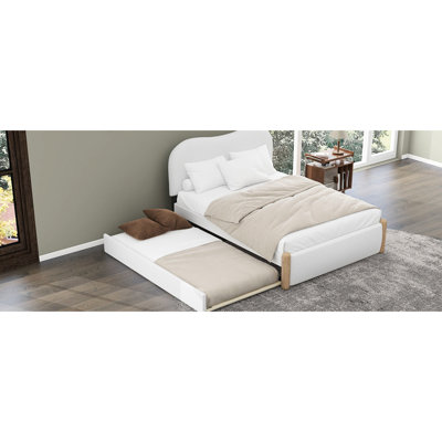 Lit plateforme tapissier blanc avec lit gigogne simple, fabrication en bois pour une chambre à coucher relaxante, tête de lit relaxante, pas de sommier requis, pieds de support et lit gigogne