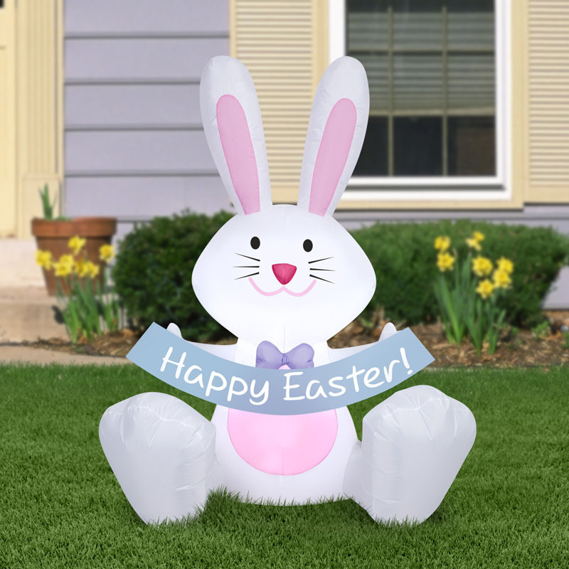 5 ft White and Pink Inflatable Easter Bunny with Banner