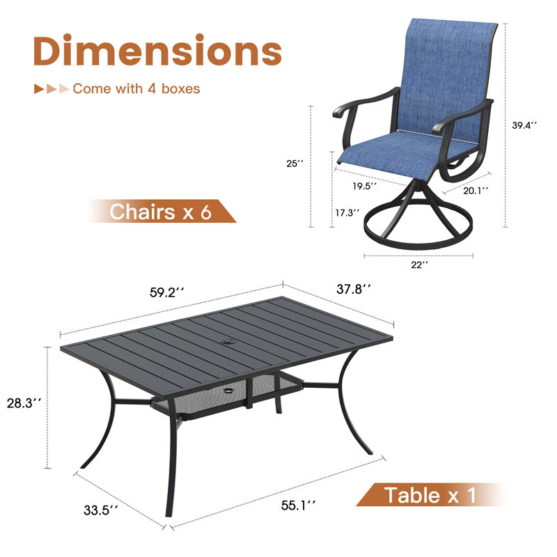 Ensemble repas pour 6 personnes avec table de salle à manger rectangulaire et 6 chaises pivotantes PVC-coated polyester, Bleu