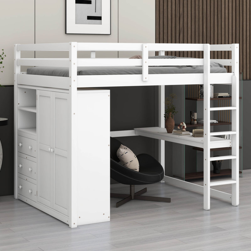 Wood Full Size Loft Bed With 2-Tier Storage Shelves,3 Drawers,Built-In Wardrobe And Desk, White