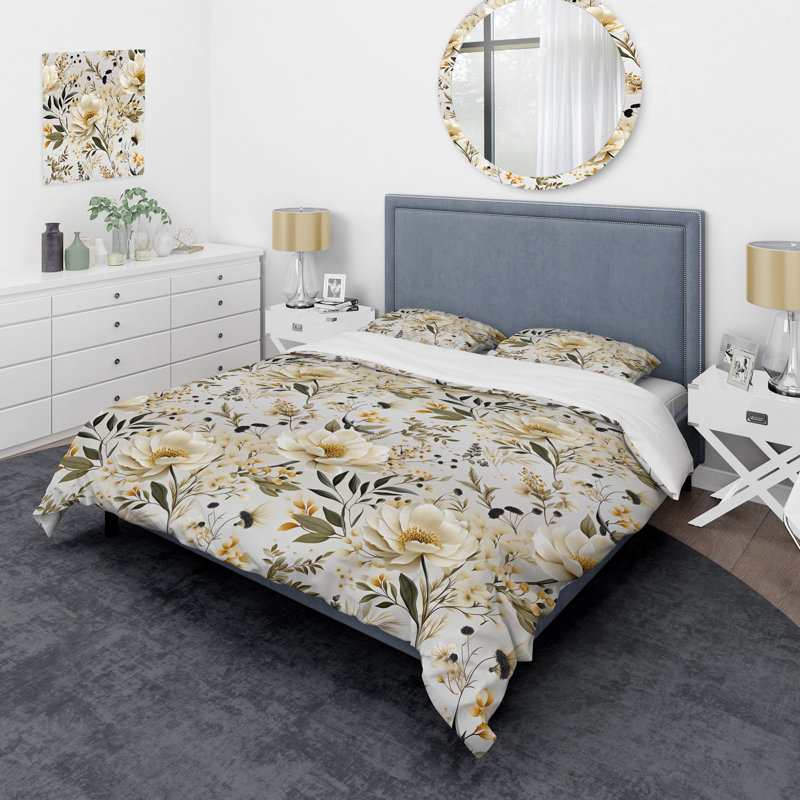 Minimalist Neutral White Botanics - Ensemble de housse de couette à motif floral