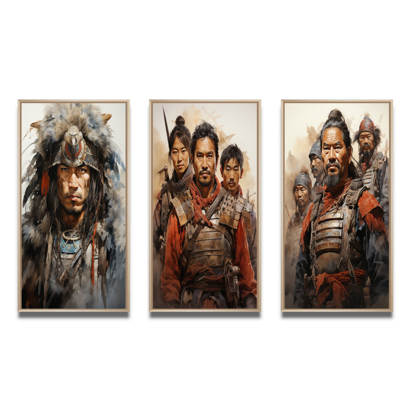 «China Art Warriors Spirit», 3 pièces sur toile, Encadré naturel, H 28 po x l 36 po