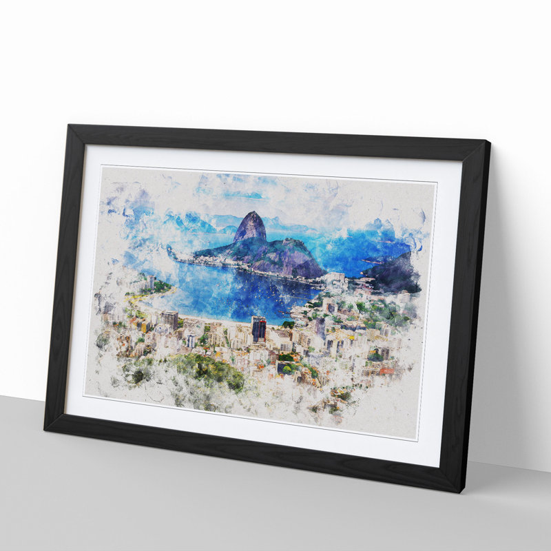 Rio De Janeiro Skyline in Brazil Watercolour - Picture Frame Graphic Art, 36cm H x 48cm W x 2cm D, Black Framed