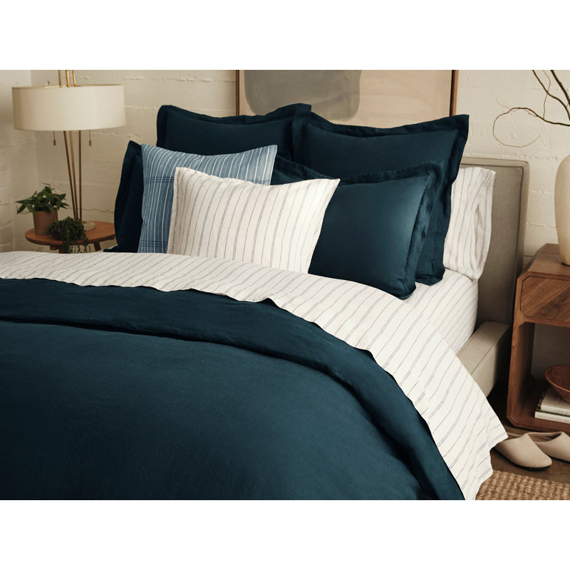 Organic Relaxed Linen Sheet Set, King Sheet Set with 2 Pillowcases, Fog Chambray Indigo Stripe