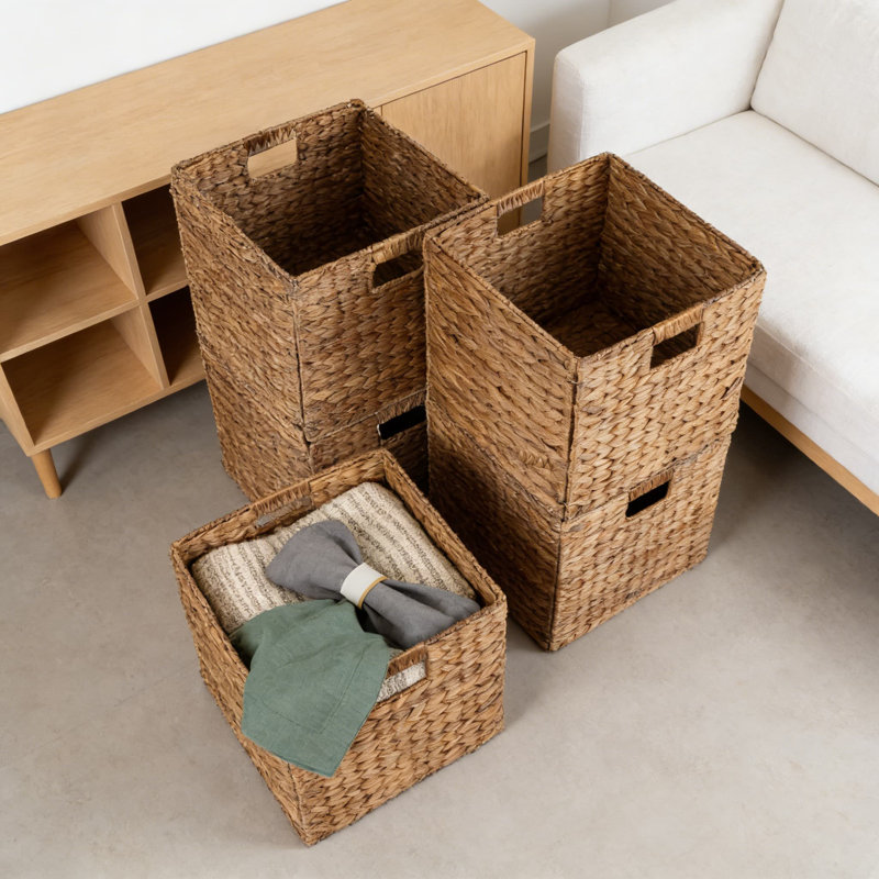 Set Of 5 Handwoven Hyacinth Storage Baskets, Cube Organizers For Laundry, Living Room, Kids Room, And Home Organization