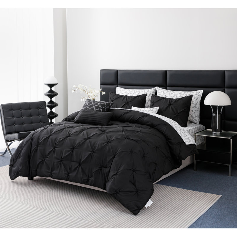 8pc/10pc Pintuck Bed-in-a-Bag Set Bedding, Full Comforter + 10 Additional Pieces, Black