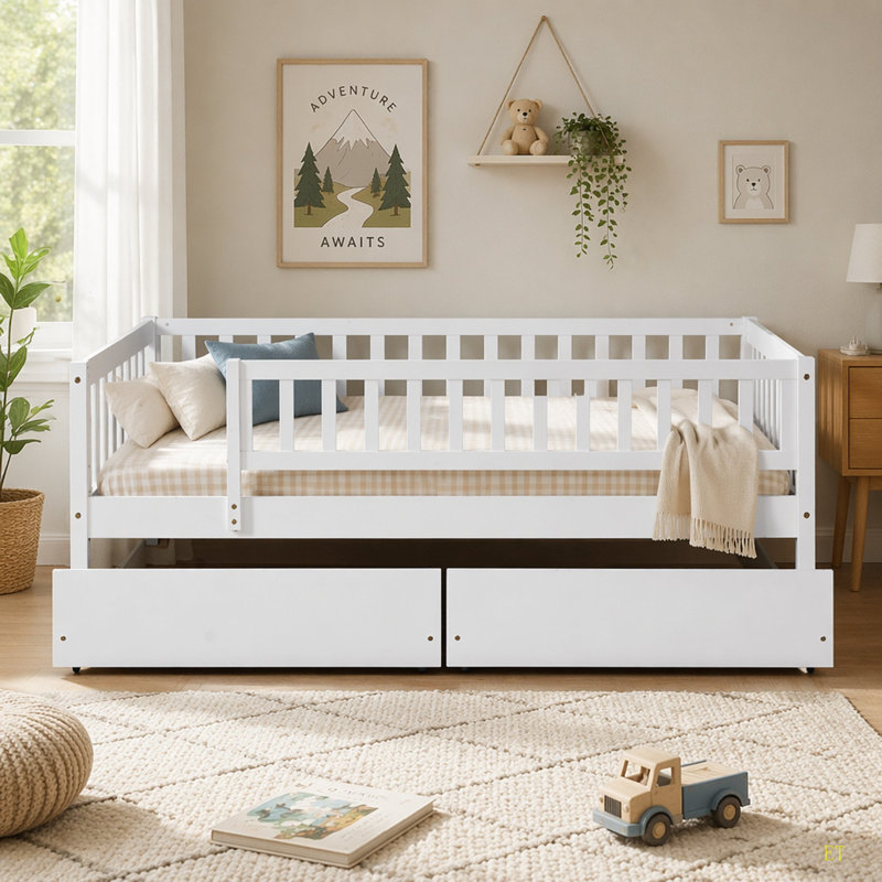 Lit de jour simple en bois avec deux tiroirs, Blanc
