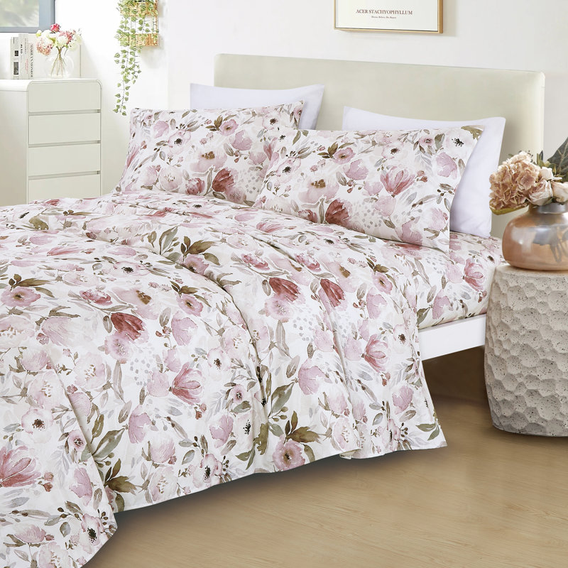 Floral Printed Sheet Set, Twin Extra Long Sheet Set with 1 Pillowcase, Pink/Gray Floral