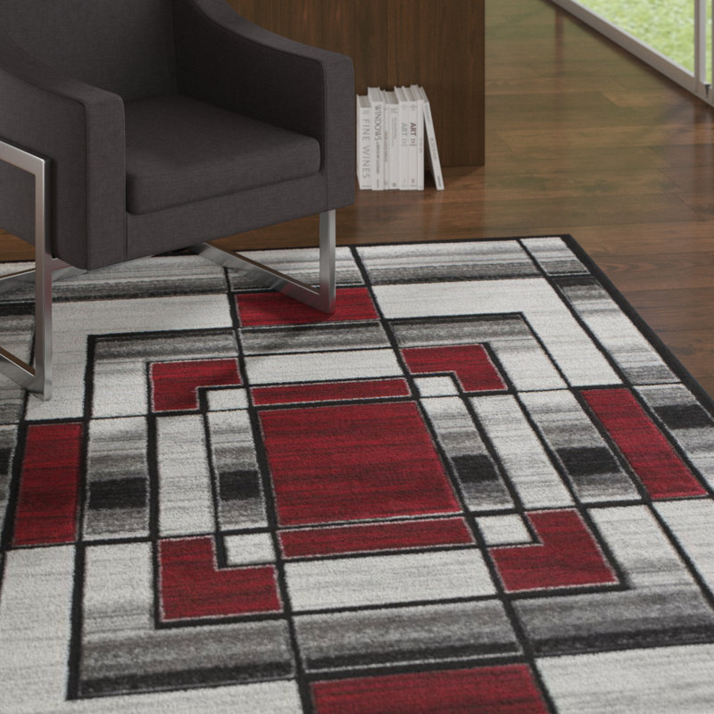 Tapis rouge à motif géométrique Adonia, Rond 8 pi 1 po