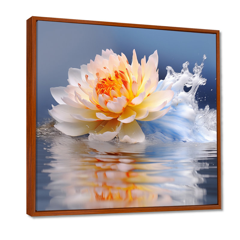 Fleur de lotus blanc flottant, reflet de l'eau - décoration murale Lotus, Cadre flottant brun, bois massif, H 30 po x l 30 po