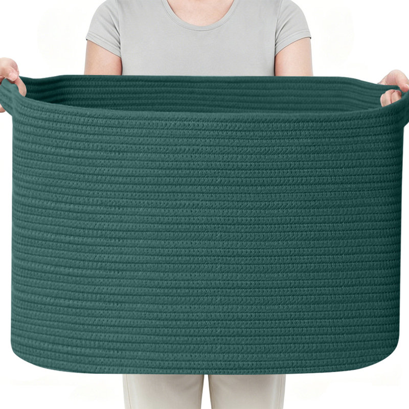 Extra Large Cotton Rope Storage Basket - 62L Decorative Foldable Bin for Laundry, Blankets, Pillows, and Toys, Dark Green