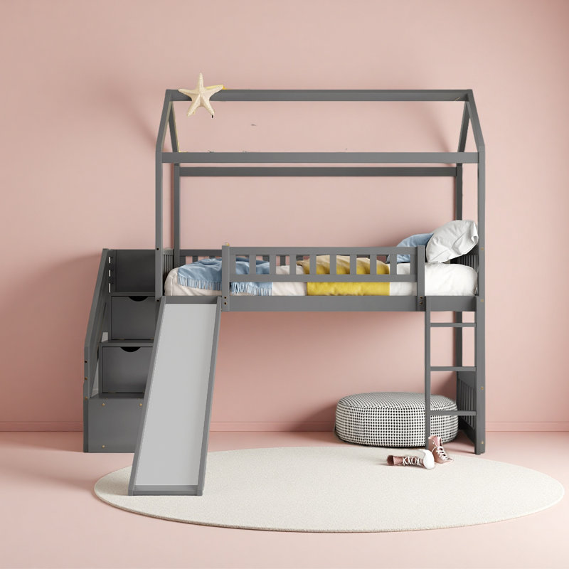 Lit mezzanine simple avec deux tiroirs et glissoire, Gris
