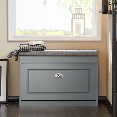 Gray Shoe Bench Wooden Storage Bench with Flip-Drawer – Upholstered Entryway Bench with Storage for Hallway, Bedroom, 20.47" H x 29.53" W x 9.45" D