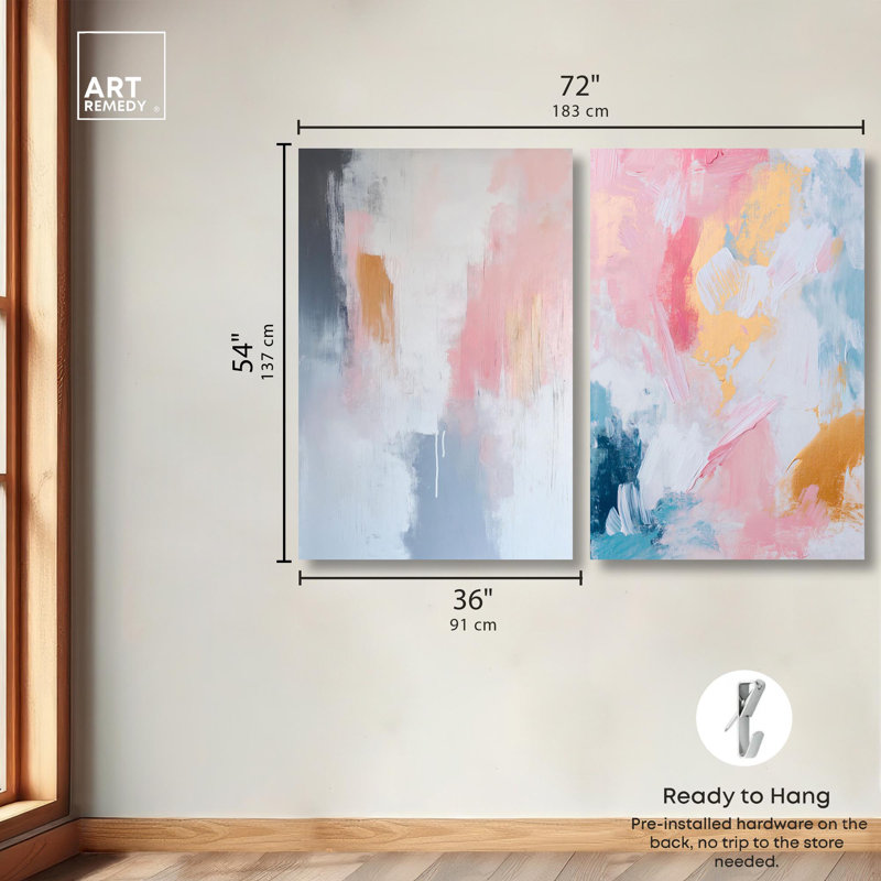 Enigmatic Tones Diptych Canvas Print Sunset Pink Wall Decor Set by Art Remedy, Black Frame, 10 x 15, H 54 po x l 36 po
