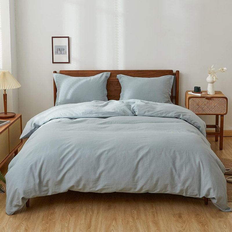 Ensemble de housse de couette 100% lin, Housse de couette grand + 2 taies d'oreiller, Bleu cendré