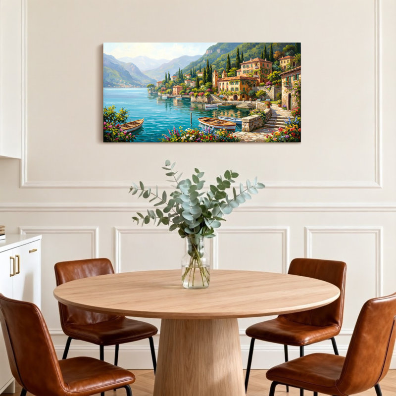 Paysages pittoresques et urbains Lake Side Village avec bateaux et fleurs, H 24 po x l 48 po