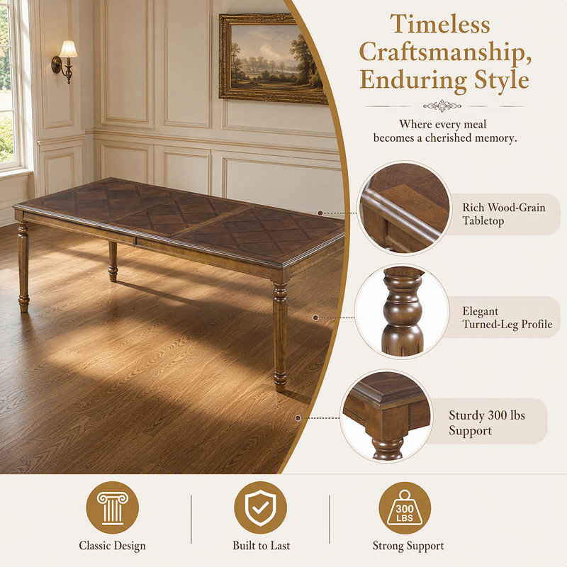 Table de salle à manger rustique en bois - Modèle rectangulaire avec pieds tournés et sculptés pour la cuisine et la salle à manger