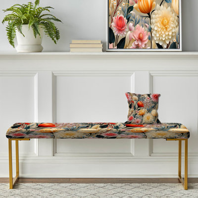 Beige And Pink Poppies Expression - Eclectic Upholstered Gold Bench