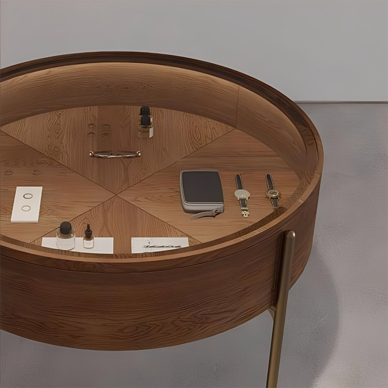 Vitrine ronde rétro avec tiroirs, idéale pour les bijoux, les vêtements et les boutiques
