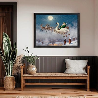 Black Framed Christmas Santa Wall Art - Vintage Whimsical Sleigh Ride Decor Framed Prints