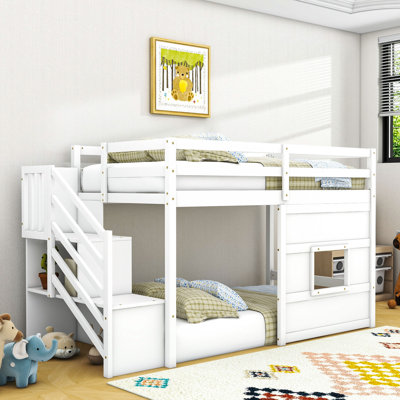 Twin Loft Bed With Storage Staircase, Safety Guardrail And Playful Window Design