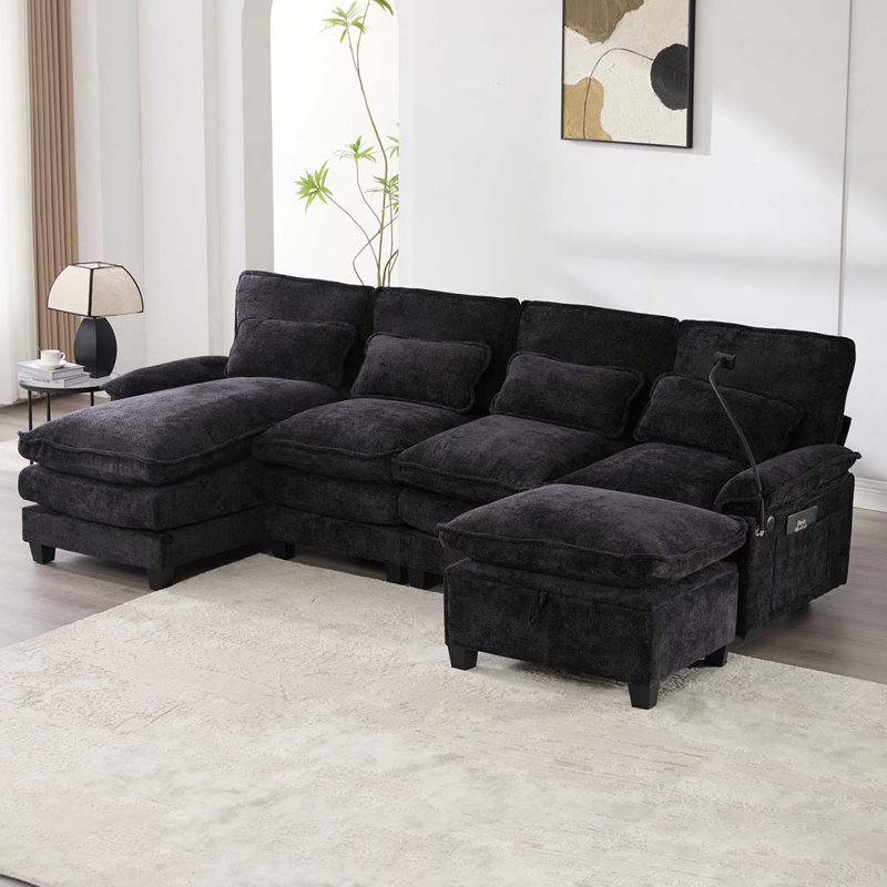Canapé modulaire en U en chenille de 106 po, Noir