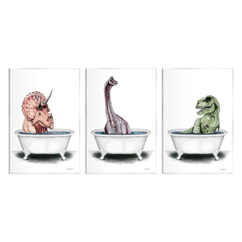 «Fun Dinosaurs Bathroom Tubs» par Sally Swatland - ensemble de 3 impressions, H 15 po x l 30 po x P 0,5 po, Bois