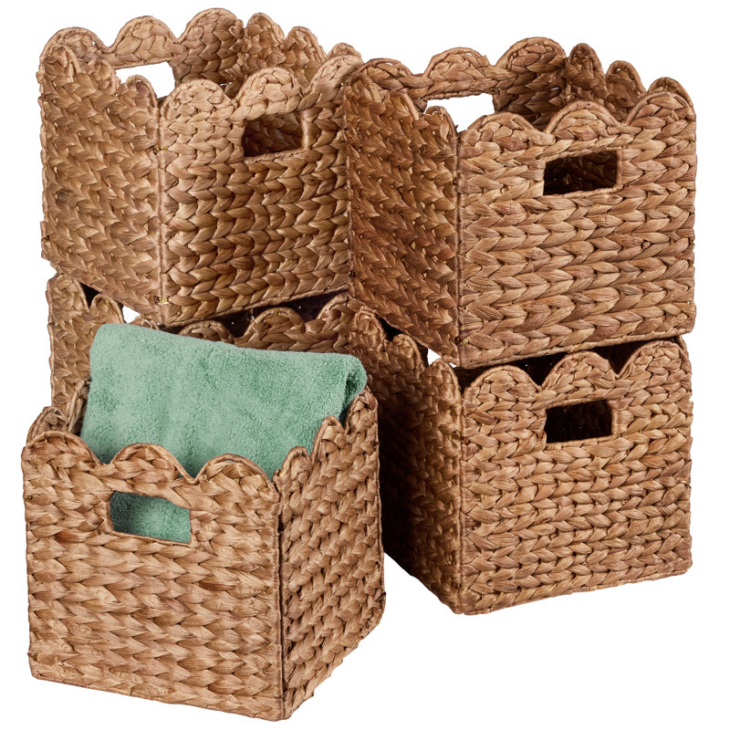  Scalloped 12 X 12In Hyacinth Storage Basket Set Of 5 - Chestnut, Chestnut, 12" H x 12" W x 12" D