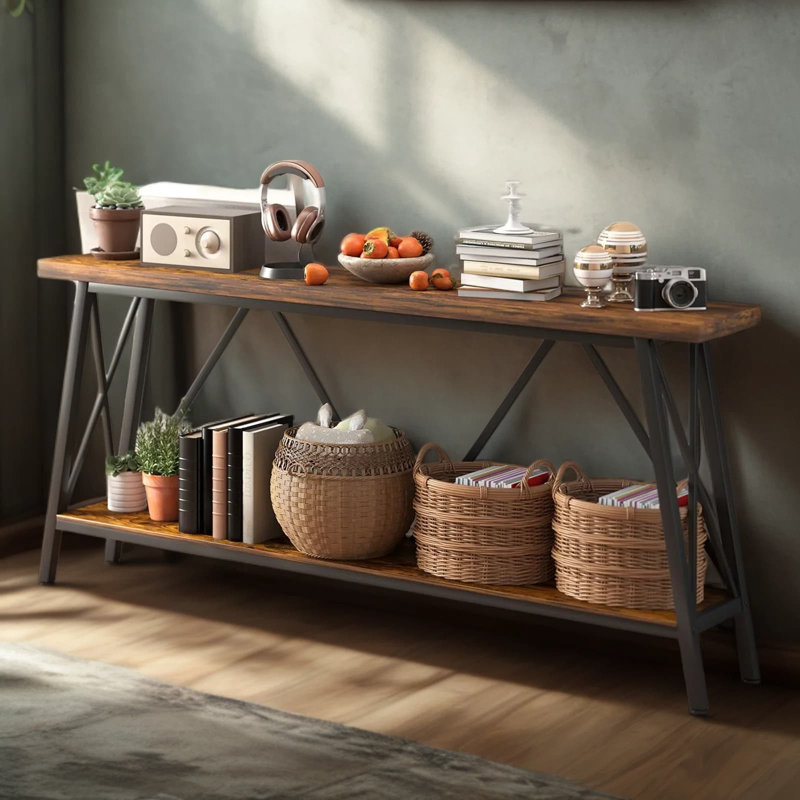 70.9 Inches Extra Long Narrow Sofa Table, Industrial Console Table Behind Couch With X-Shaped Support And Reinforced Steel Frame, Grey