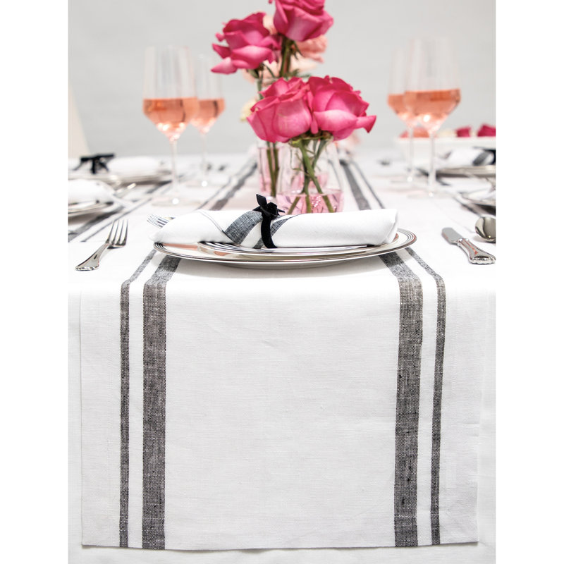 French Stripe - 100% Pure Linen Table Runner, 108" x 14", Black/White