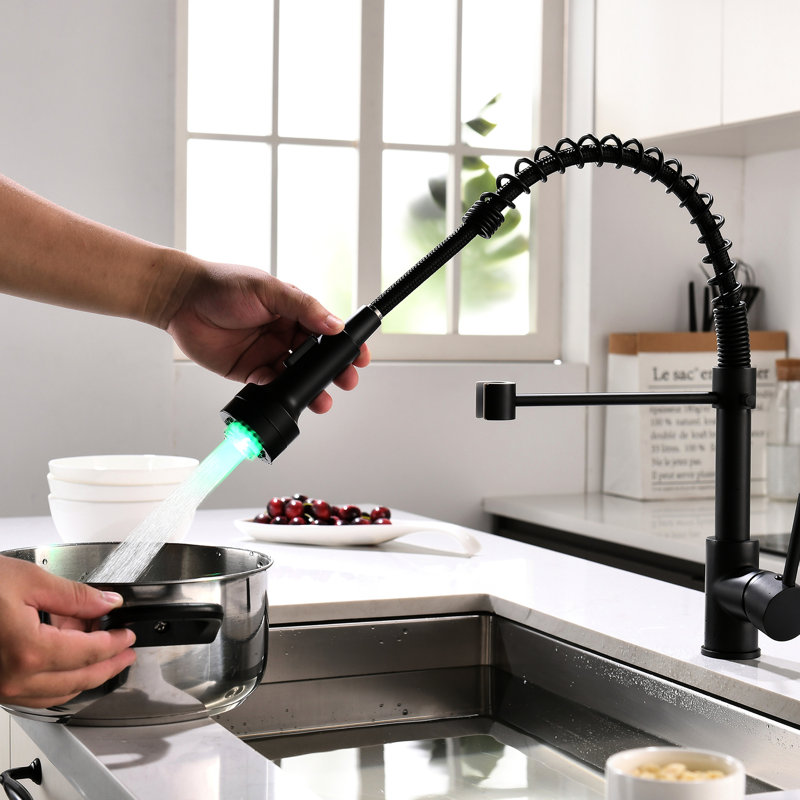 Robinet de cuisine professionnel à DEL avec douchette extractible, noir, monocommande, fonctionnalités avancées, douchette extractible et DEL, poignée, jet d'eau doux