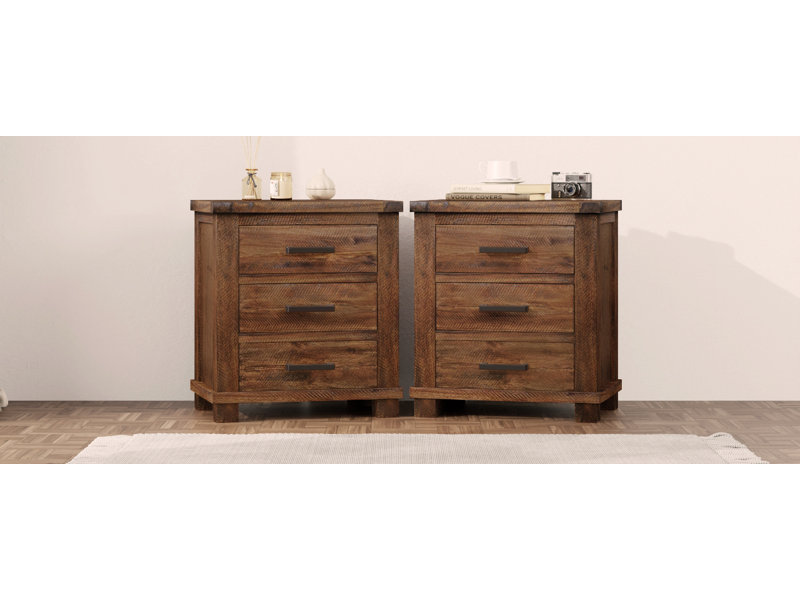 Rustic Three Drawer Reclaimed Solid Wood Farmhouse Nightstand Set of Two