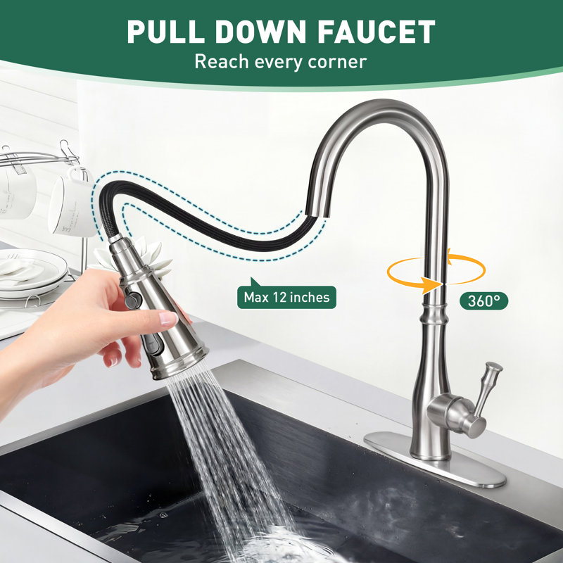 Kitchen Faucet with Pull Down Sprayer, 3-Function Kitchen Sink Faucets with Deck Plate, Fits 1-Hole and 3-Hole Sinks, Single Handle 304 Stainless Steel, Brushed Nickel