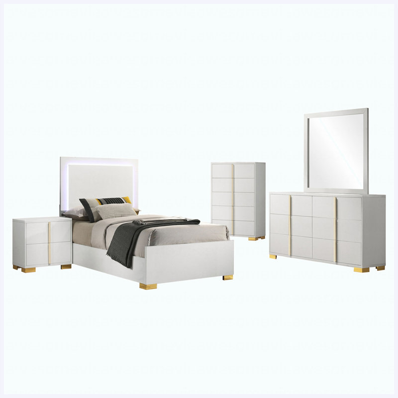Ensemble de chambre à coucher simple 5 pièces White, White, 5 Pcs: Bed, Nightstand, 2 Dressers, Mirror, Twin