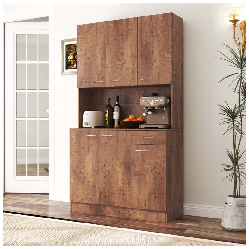 Armoire de cuisine haute avec 6 portes, tablettes ouvertes et tiroir, Noyer