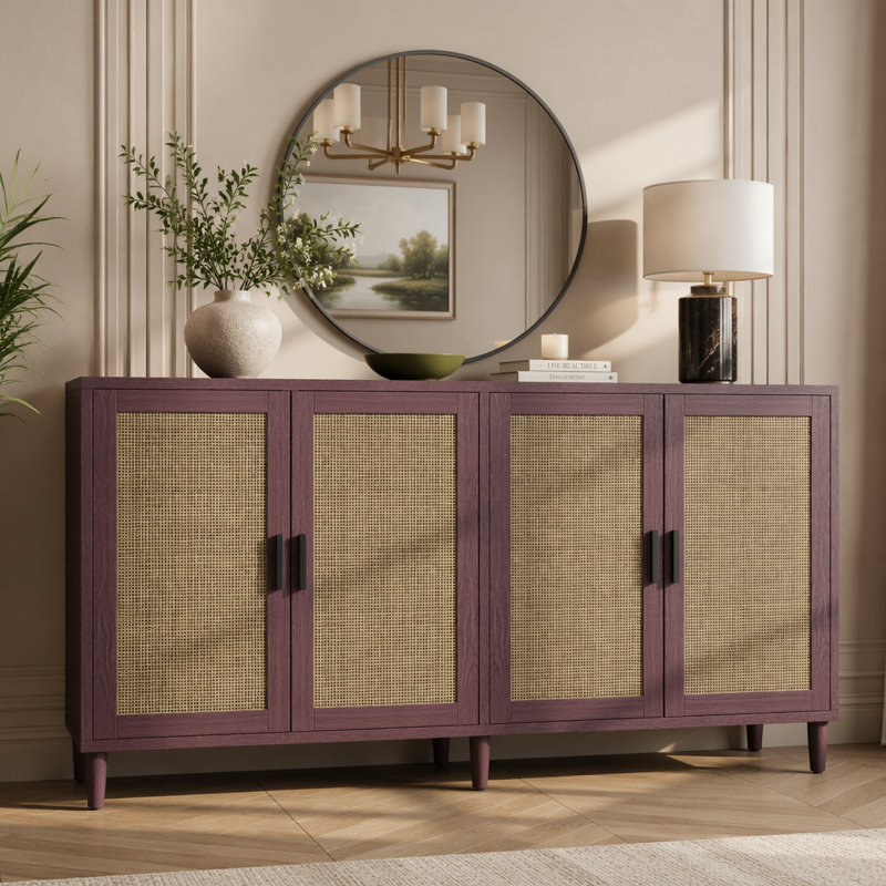 Buffet 70 po en rotin avec rangement, buffet à 4 portes avec tablettes réglables pour la cuisine, le salon et la salle à manger, assemblage facile, brun
