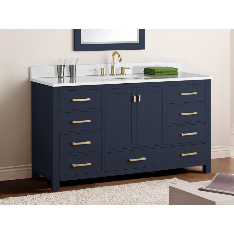 Meuble-lavabo simple 60 po avec plateau Souther, Marbre blanc de Carrare, Marine, Doré