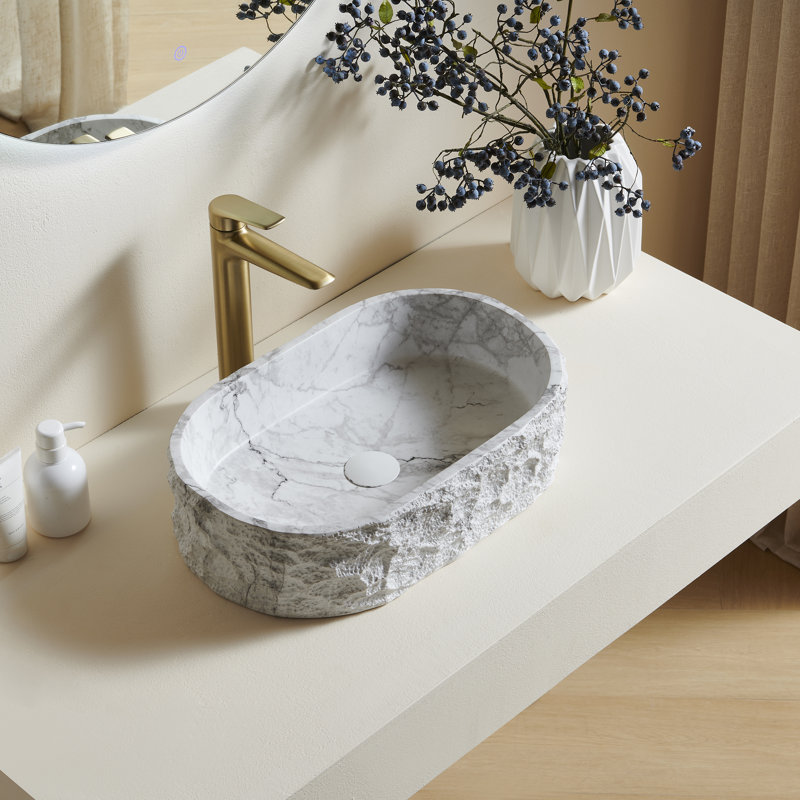 Lavabo de salle de bain ALIA 20, vasque ovale irrégulière en résine à motif pierre, style artistique, sans robinetterie, couleur ivoire