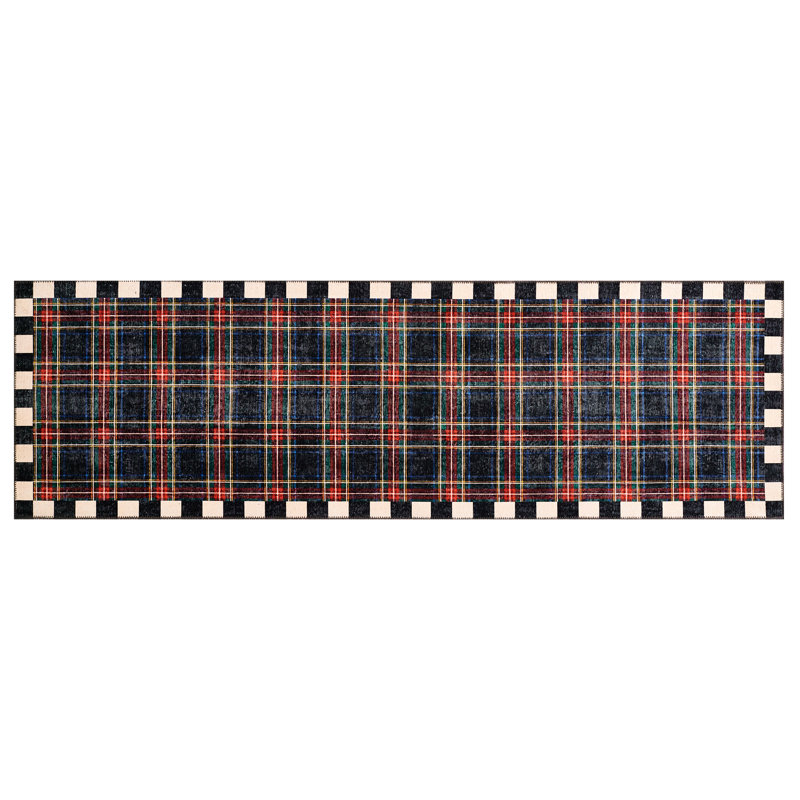 Stewart Tartan Black Washable Rug, Runner 2'6" x 8'