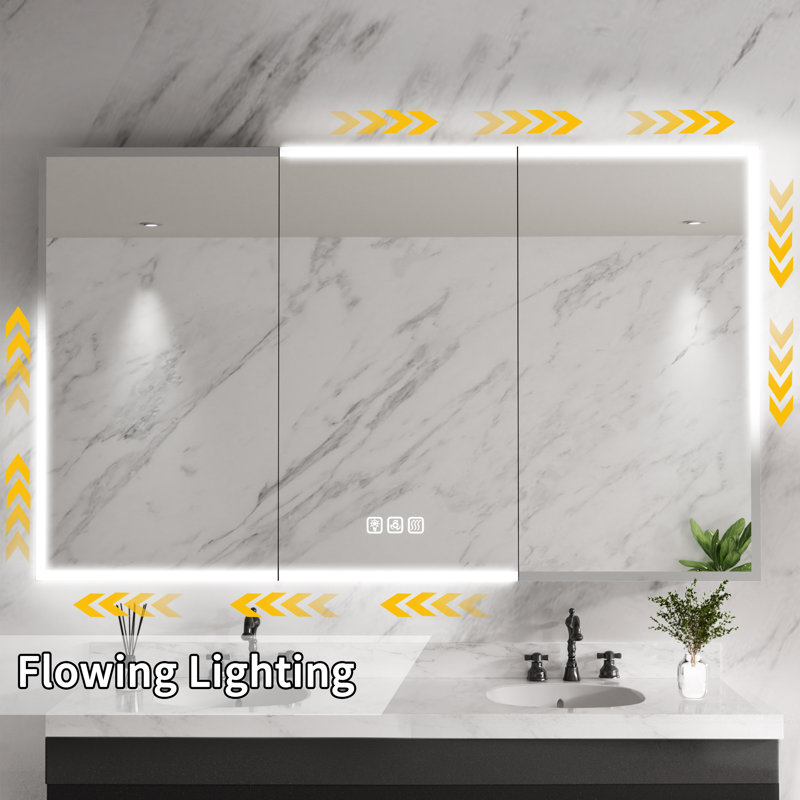 60 In. W X 36 In. H Rectangular Aluminum Medicine Cabinet With Mirror And Flowing Light, Dimmable, Anti-Fog, Dual Swing