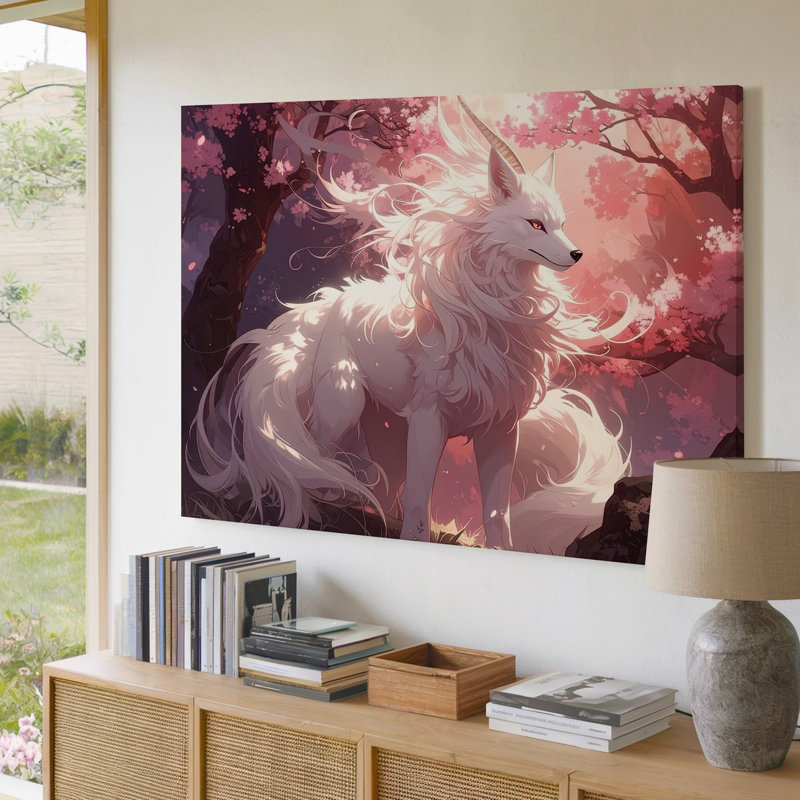 Toile mystique renard sous les fleurs de cerisier, H 9 po x l 12 po
