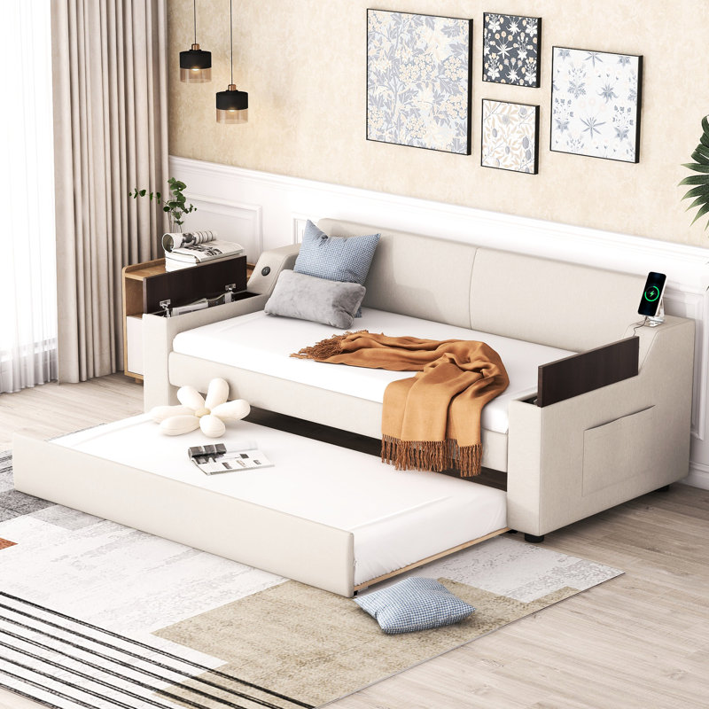 Lit de jour simple sans tiroir avec rangement et couchette - rangement beige, cadre durable