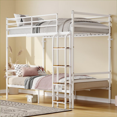Clean White Twin Over Twin Convertible Bunk Bed, Heavy-Duty Metal Frame with Safety Guardrail and Ladder, No Box Spring Needed