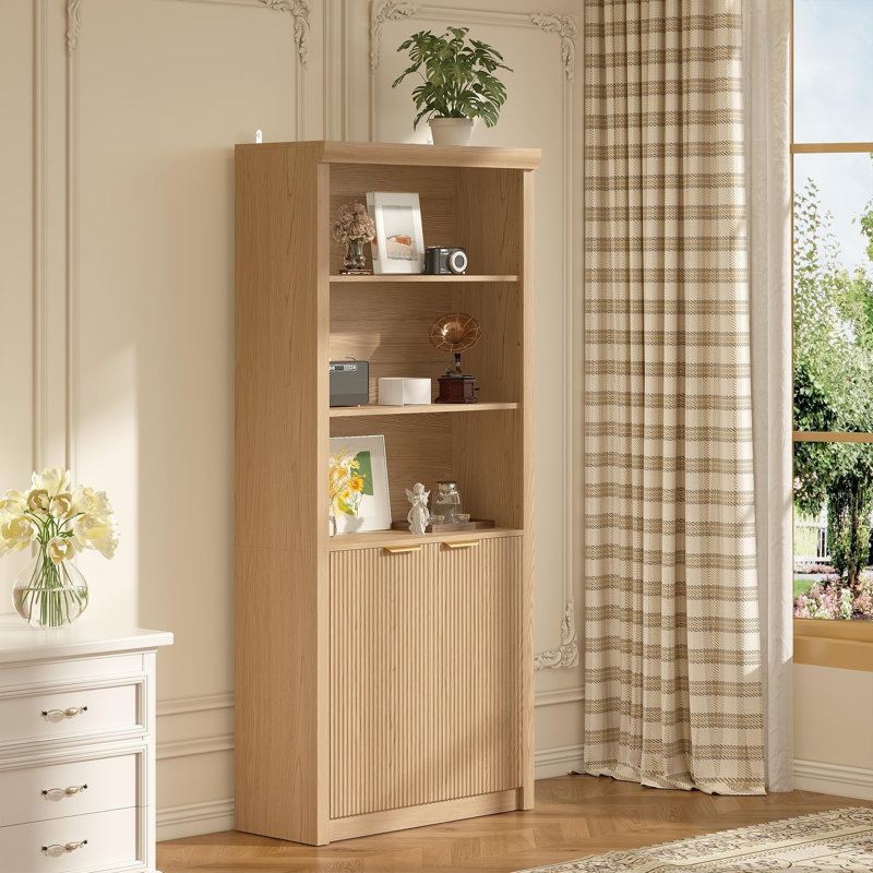 Bibliothèque de campagne moderne avec portes, bibliothèque de 31,5 pouces de hauteur, armoire de rangement en bois à 5 niveaux avec tablette réglable