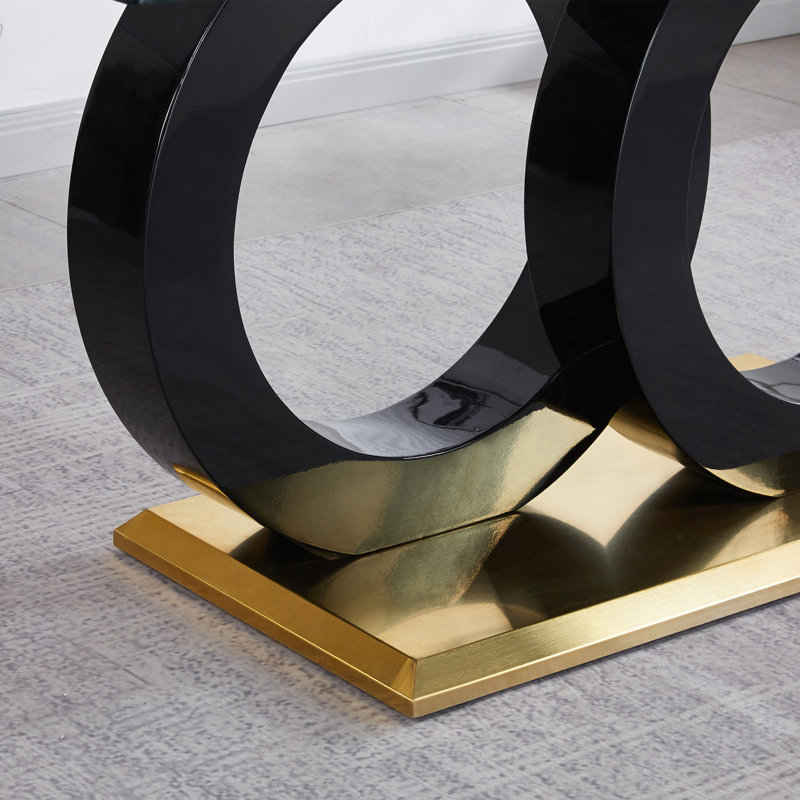 Superbe table de salle à manger noire avec verre trempé et base spéciale au design moderne doré et noir, Or/noir