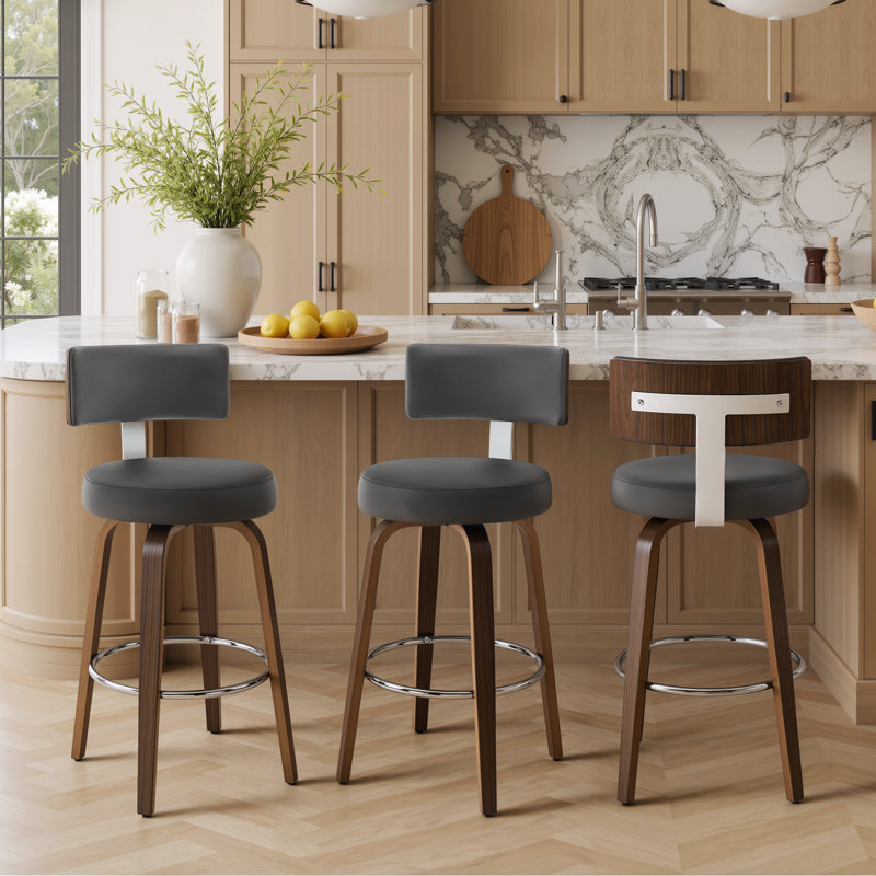 2PCS Swivel Bar Stools, Faux Leather Kitchen Stools Upholstered Barstools With Back, Grey