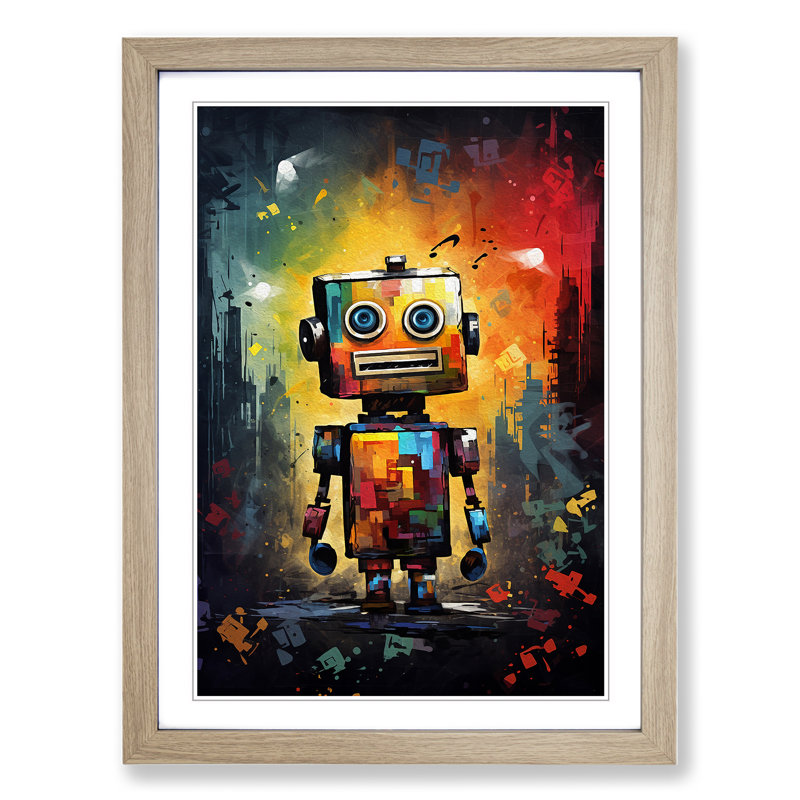 Robot Impressionism - Single Picture Frame Print on Wood, Oak, 46cm H x 34cm W x 2cm D