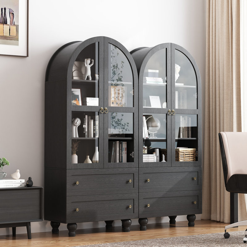 Armoire de rangement pour garde-manger 71 po avec bibliothèques, portes vitrées et 6 tiroirs (ensemble de 3), Noir