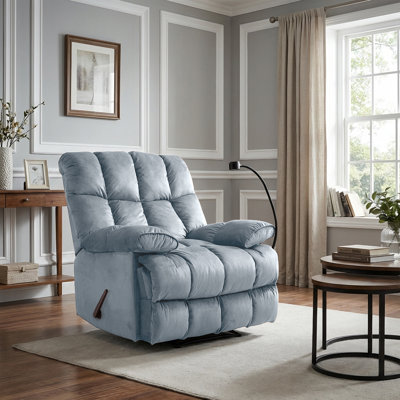Manual Handle/Lever Recliner Chair with Sturdy Metal Support Frame, Extra Thick Padded Armrest & Built-in Phone Holder, Velvet Recliner for Living Room, Bedroom, Home Theater-Blue